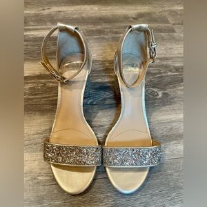 Gianni Bini Gold Glitter Block Heel Sandals Womens 7.5W Wide Ankle Strap Dress